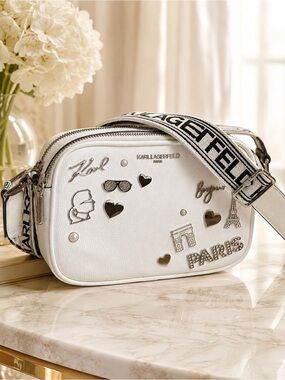 Karl Lagerfeld Paris White Paris Charm Camera Crossbody Bag Double Zip NWOT